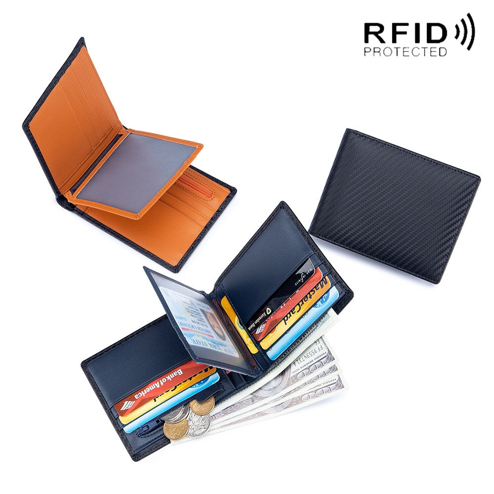 Rfid Carbon Fiber Genuine Leather Men Wallet Money Bag Slim Thin Mini Wallets For Men Card Holder Purses Short Male Walet Black