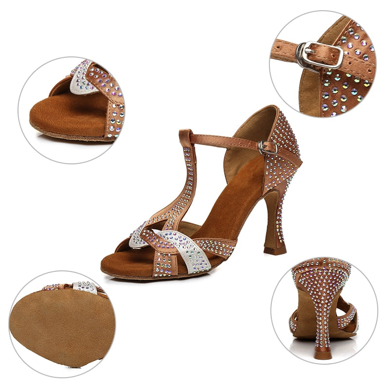 HROYL Ballroom Girls Dance-Shoes Women Latin Dance Shoes Ladies Modern Tango Dancing Shoes Brown High Heels Salsa Sandals