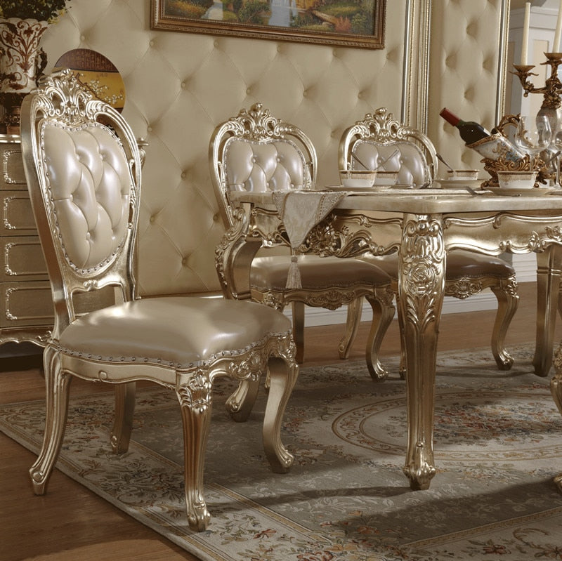 European-style Marble Dining Table and Chair Combination Champagne Rectangular Dining Table Solid Wood Carved Dining Chairs