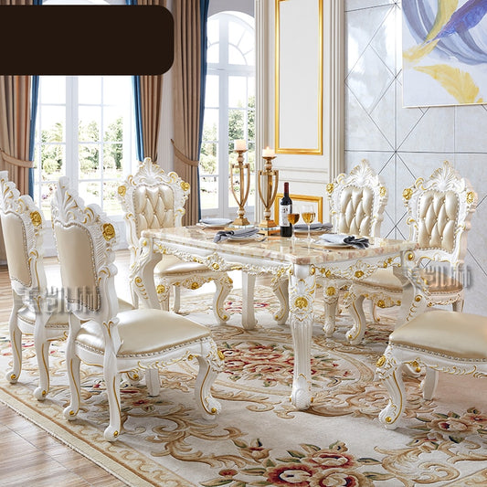 European-style White Gold-painted Solid Wood Dining Table Pink Dragon Jade Marble Long Dining Table Leather Dining Chair