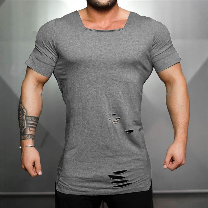 New 2020 Cotton Men&#39;s T shirt Vintage Ripped Hole T-shirt Men Fashion Casual Top Tee Men Hip Hop Activewears Fitness Tshirt Male