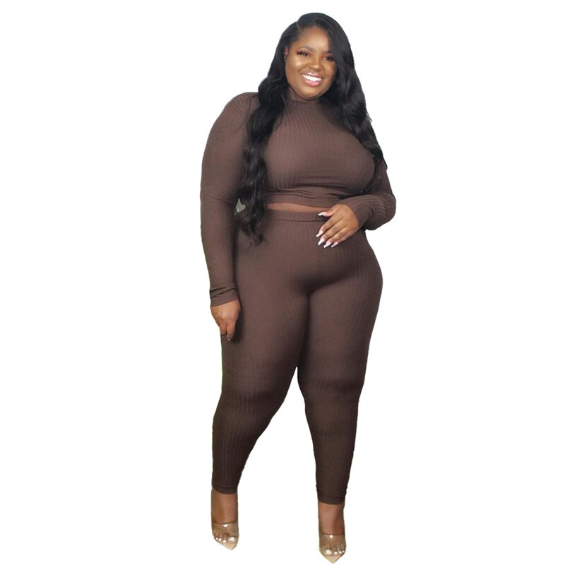 Plus Size Women Clothing 2021 Fashion Sexy Outfits Long Sleeve Top and Pants Bodycon Ribbed Two Piece Set Dropshipping Wholesale