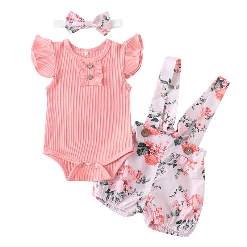 Baby Girl Summer Clothes Set Fashion Newborn Infant Knitting Cotton Ruffles Romper Shorts Bow Headband 3Pcs For Toddler Outfits