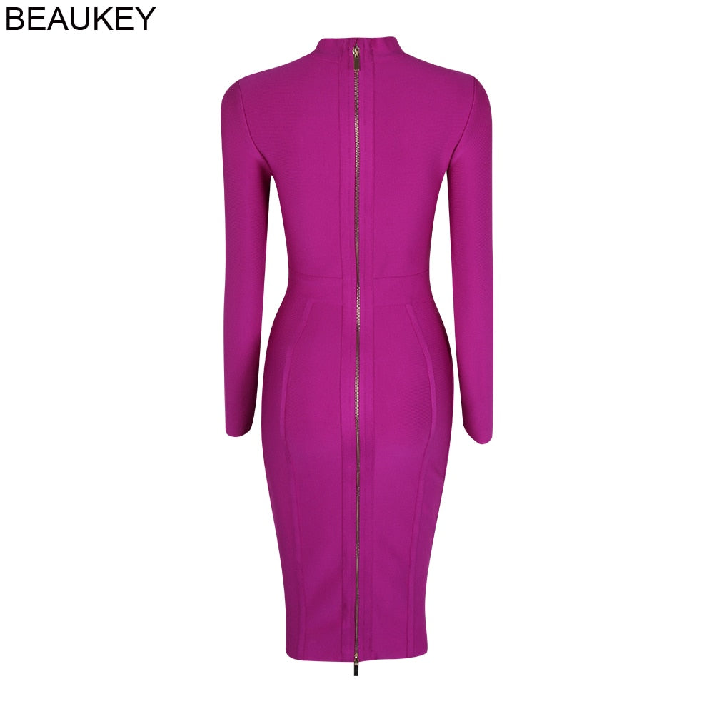 BEAUKEY Long Sleeve Knee Length Top Quality HL Bandage Dress Office Lady Bodycon Dress Color Black Wine Red Purple Plus Size XL