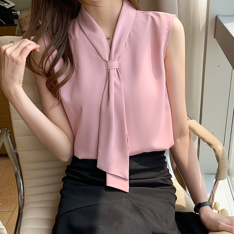 Women&#39;s Shirt Pink Ribbon Blouses for Women Sleeveless Summer Shirts Female Top V-neck Blouse Tops Female 2022 Woman Basic Shirt