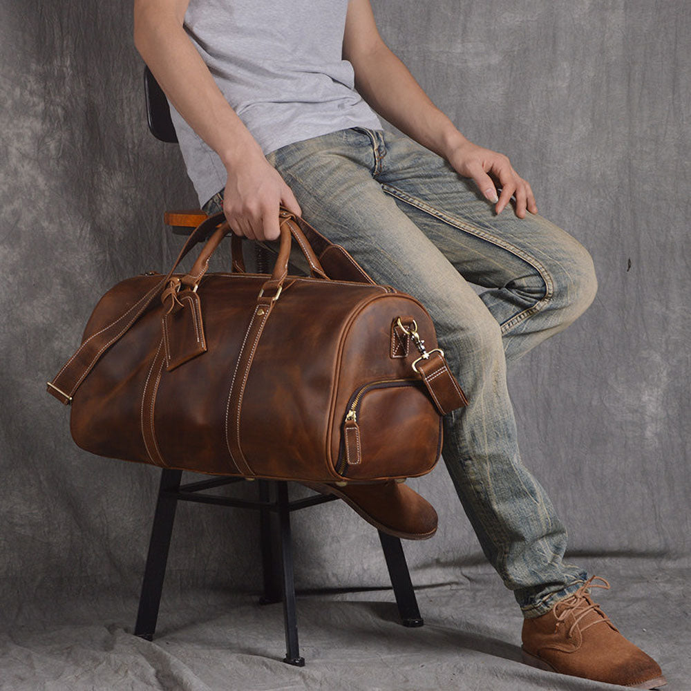 ZRCX Vintage Men&#39;s Hand Luggage Bag Travel Bag Geunine Leather  Large Capacity Single Shoulder Messenger For 15 Inch Laptop