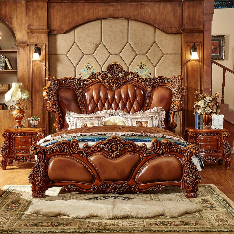 European-style Luxury Villa 2 Meters Wide Bed Solid Wood Carved First Layer Cowhide Luxury Hotel Bed Frames Queen Size