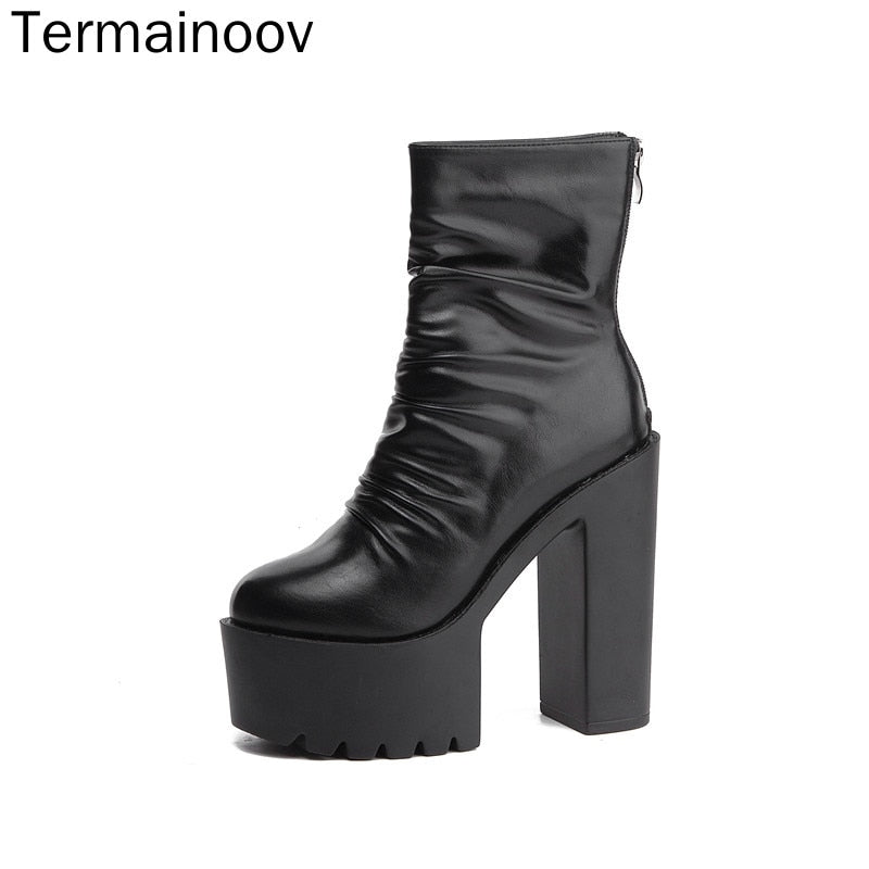 Termainoov Women Boots High Heels Chunky Heeled Waterproof Platform Thick Heel Round Toe Zipper Short Boots Winter Boot