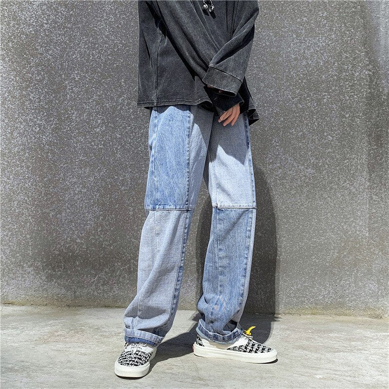 Fashion Men Relaxed Fit Jeans Straight Loose Patchwork Wide Legs Comfortable Male Street Trend Hip Hop Baggy Denim Pants