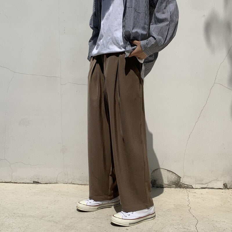 Spring Summer Wide-leg Pants Men&#39;s Fashion Black Brown Casual Pants Men Korean Loose Straight-leg Suit Pants Mens Dress Pants