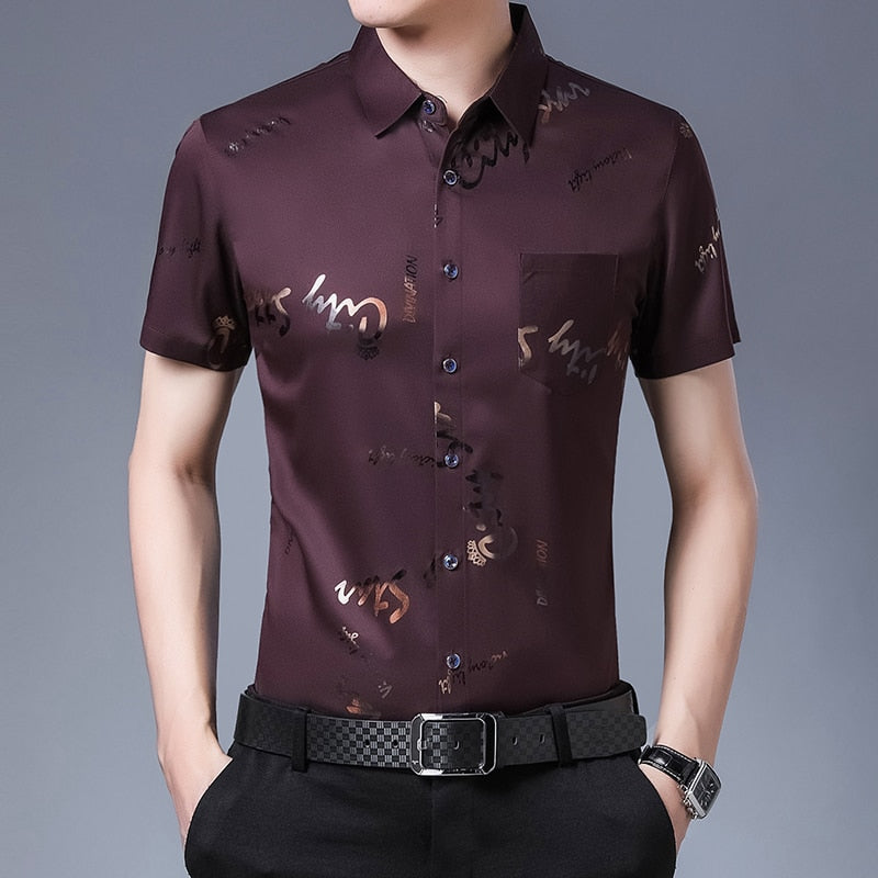 New Men Shirt High Quality Silk Print Summer Short sleeve Casual Shirts Men Slim Fit Camisa Masculina Drop Shipping C749