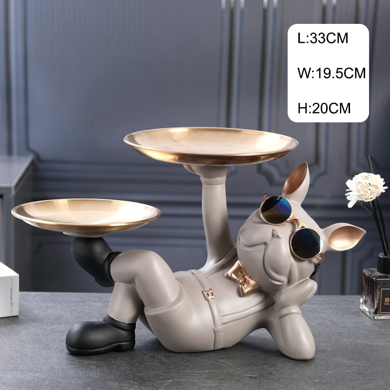 Resin Décor Dog Statue Butler with Tray for Storage Table Live Room French Bulldog Ornaments Decorative Sculpture Craft Gift