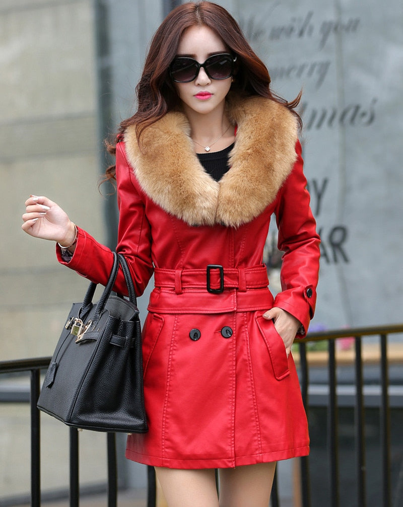 2022 Winter New Women Long Leather Jacket Coat Female Fashion Big Fur Collar Thick Slim Oversize Windbreaker