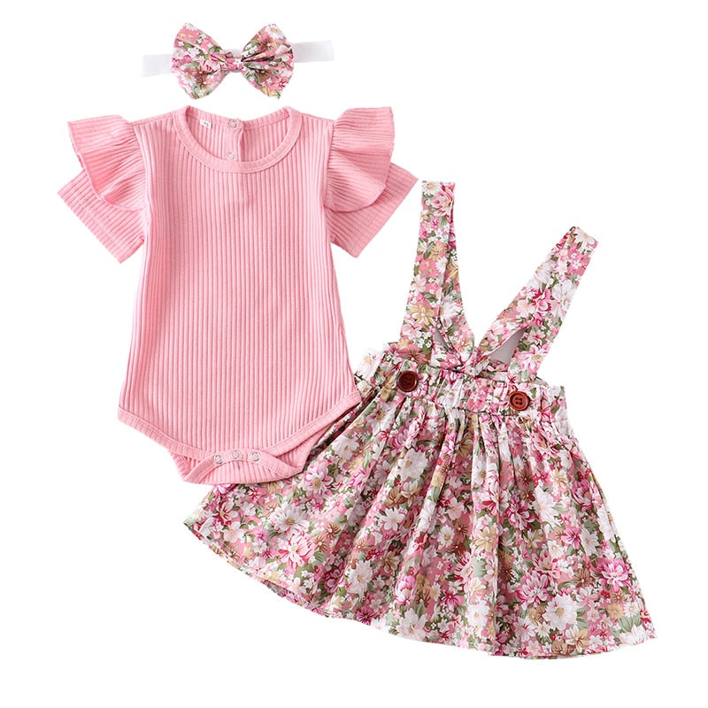 3Pcs Baby Girl Clothes Set Summer Newborn Infant Solid Color Romper Ruffle Floral Dress Overalls Outfit For Toddler Clothing
