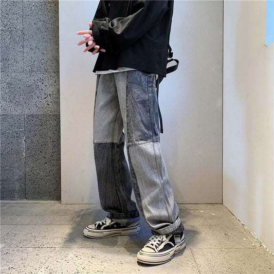 Fashion Men Relaxed Fit Jeans Straight Loose Patchwork Wide Legs Comfortable Male Street Trend Hip Hop Baggy Denim Pants