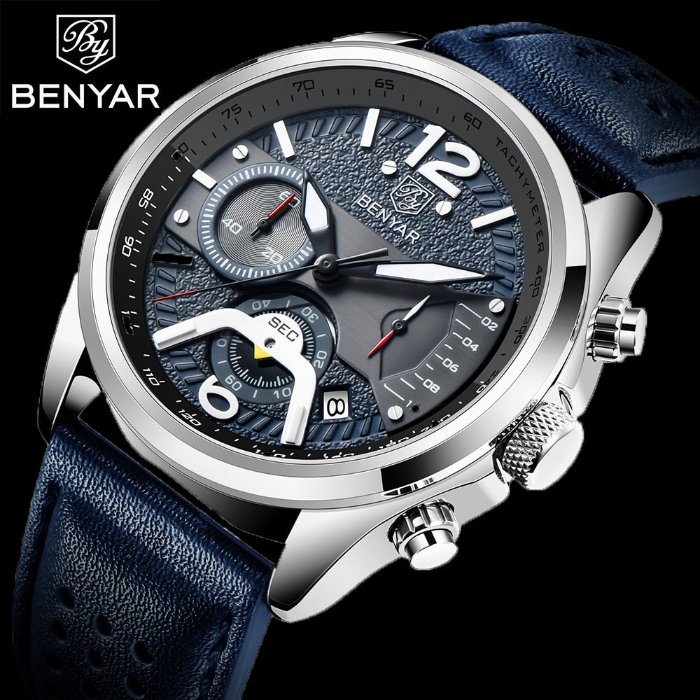 BENYAR 2021 New Men Watch Top Brand Waterproof Men Quartz Wristwatch Military Leather Watch Men Sports Chronograph Reloj Hombre