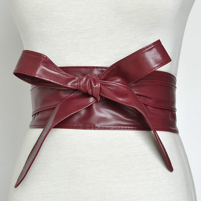 RAINIE SEAN Women Belt Leather Cummerbunds For Women Burgundy Belt For Coat Bow Self Tie Wrap Brand Ladies Fashion Belt