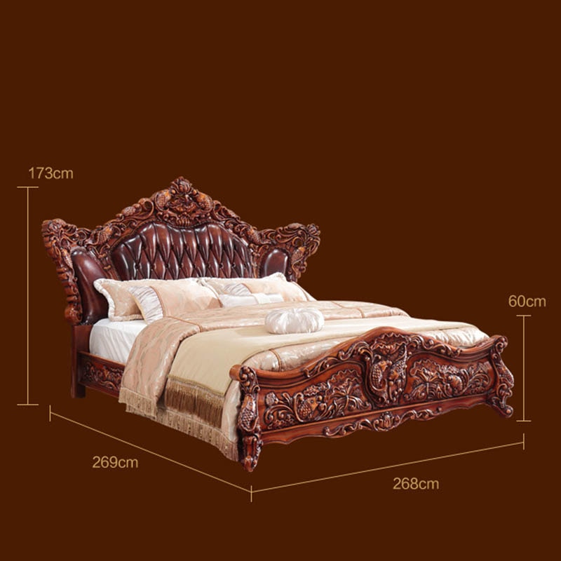 European Luxury Leather Bed 2x2.2m Leather Art Wedding Bed Double Bed American Villa Solid Wood Carved Living Room