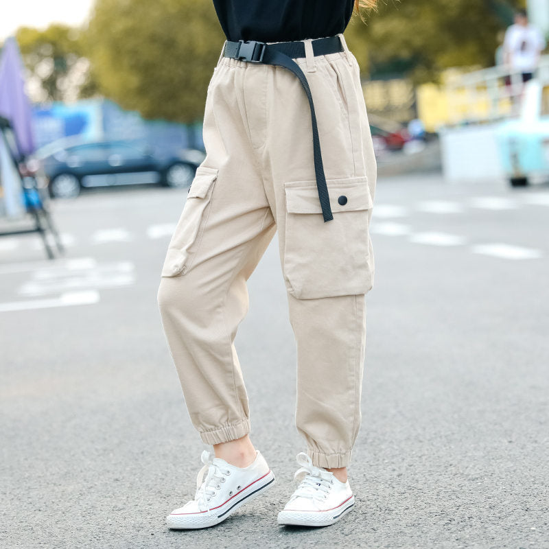 Fashion Cargo Pants for Teen Girls Cool Trousers With Belt Loose Style Kids Cotton Sport Running Pants For Teens Girl 5-14 Years