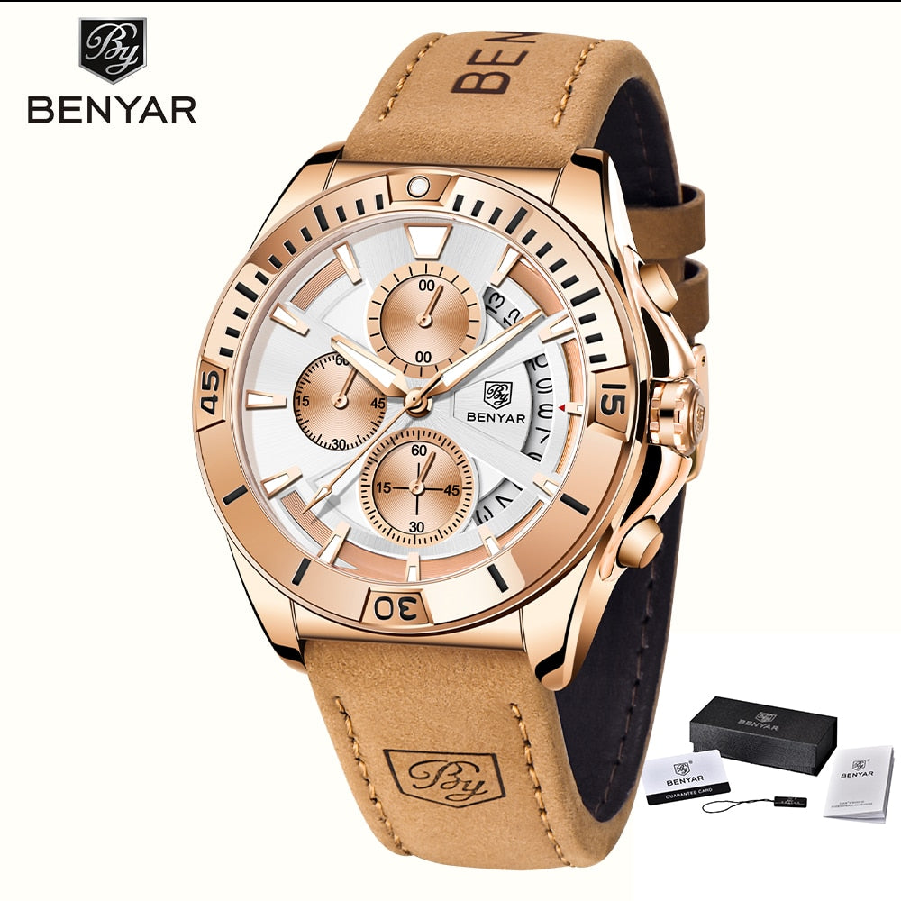 BENYAR Top Brand New Men Watch Stainless Steel Jubilee Watch Band Waterproof 30M Chronograph Luxury Men Quartz Wristwatch reloj