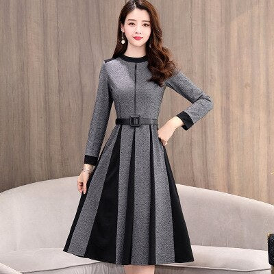 2020 Spring Dress Women A-Line Dress Long Sleeve Knee-Length Office Lady Elegant O-Neck Women Dress Casual Slim Autumn Vestidos