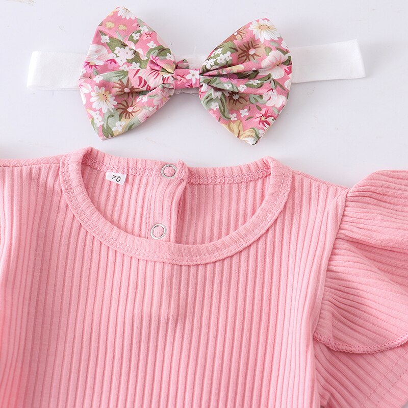 3Pcs Baby Girl Clothes Set Summer Newborn Infant Solid Color Romper Ruffle Floral Dress Overalls Outfit For Toddler Clothing