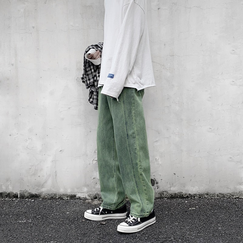 Men Trendy Straight Jeans Green Streetwear Hip-hop Skateboarding Casual Wide Legs Youth Male Harajuku Style Denim Pants