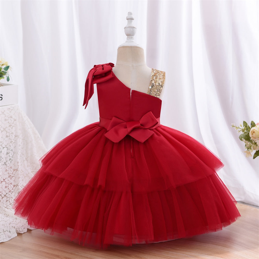 Yoliyolei Fashion Tulle Layers Flower Girl Dresses Red Champagne Gold Waist Belt Shoulderless Baby Casual Dress for Girls