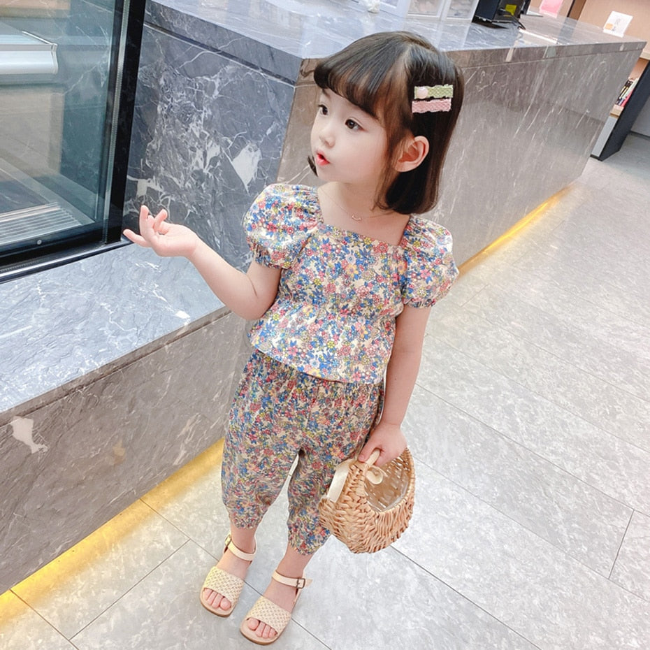 2pcs/set 2022 Children Clothes Floral Tshirt + Pants For Girls Casual Style Big Girls Clothes Summer Kids Tracksuit