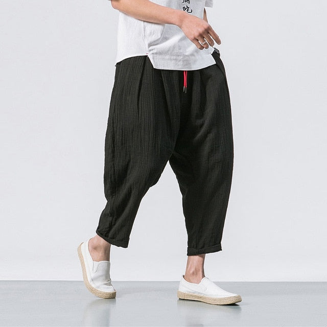 Best Black Linen Cropped Trousers Ethnic Style Harem Pants Mens Baggy Pants Summer Japanese Loose Joggers  www.chishtismart.com