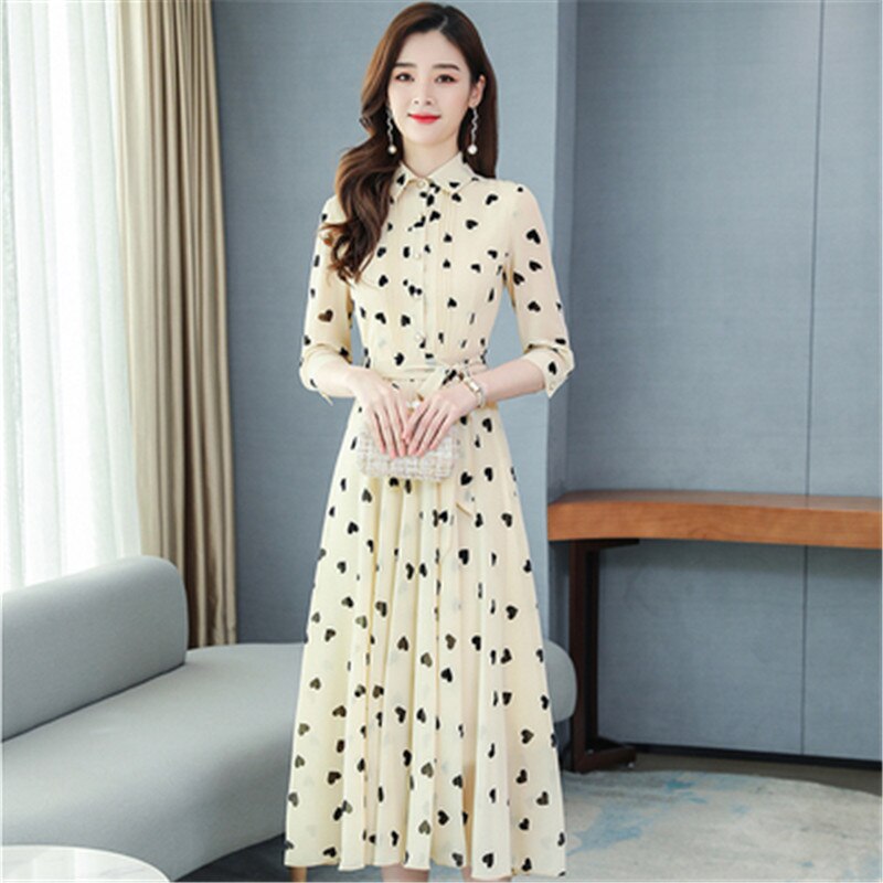 2020 Korean summer new stand-up collar seven-point sleeves temperament chiffon floral big swing dress women