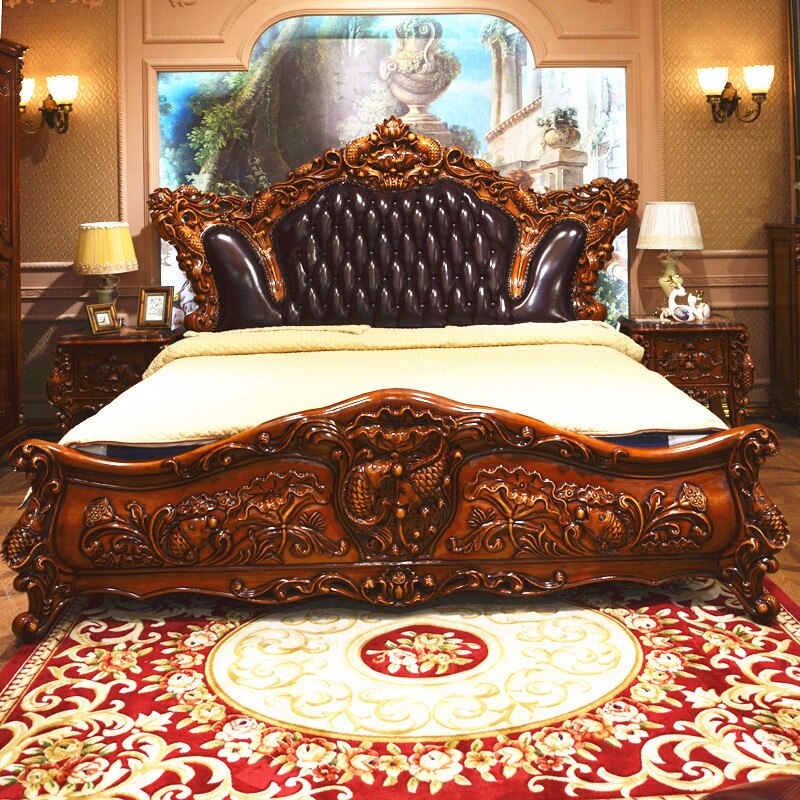 European Luxury Leather Bed 2x2.2m Leather Art Wedding Bed Double Bed American Villa Solid Wood Carved Living Room