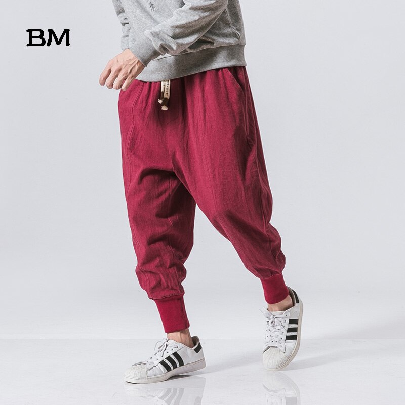 Japanese Cotton Flaxen Trousers Ankle Banded Pants Men Loose Harem Chinese Style Large Bloomers Linen Knickerbockers