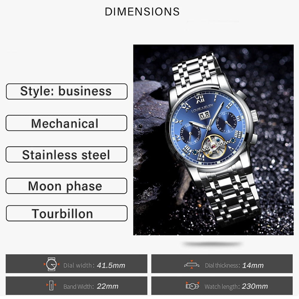 BELUSHI Men Automatic Watches Luxury Business Mechanical Tourbillon Watch Men Luminous Waterproof Wristwatch Relogio Masculino