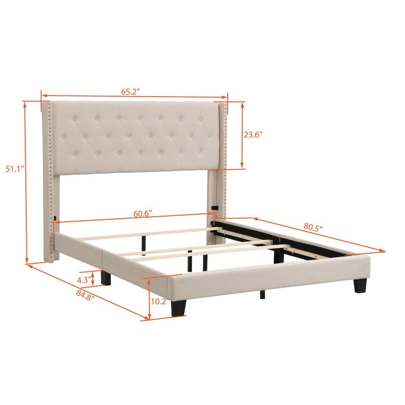 Upholstered Platform Bed with Classic Headboard, Box Spring Needed, Beige Linen Fabric, Bedroom Furniture Queen Size Beige/Gray