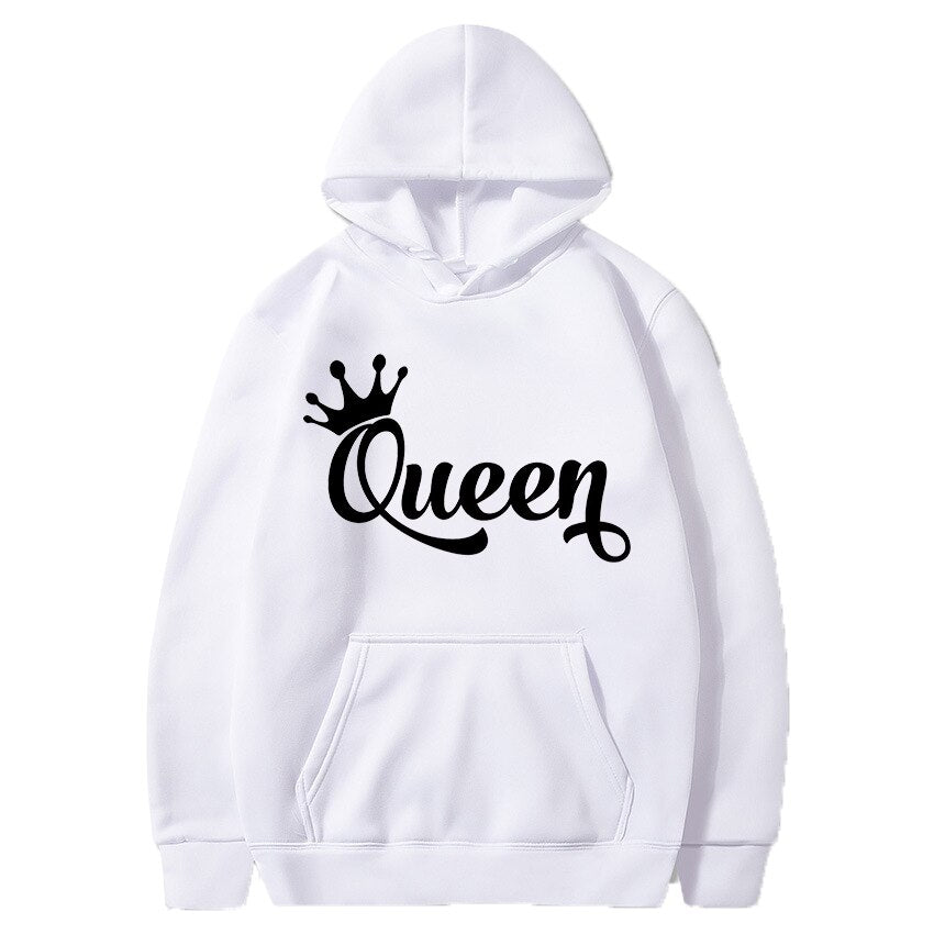 King or Queen Letters Printed Crown Design Couple Hooded Sweatshirt Men Autumn Winter Streetwear Lover Casual Pullover Hoodies