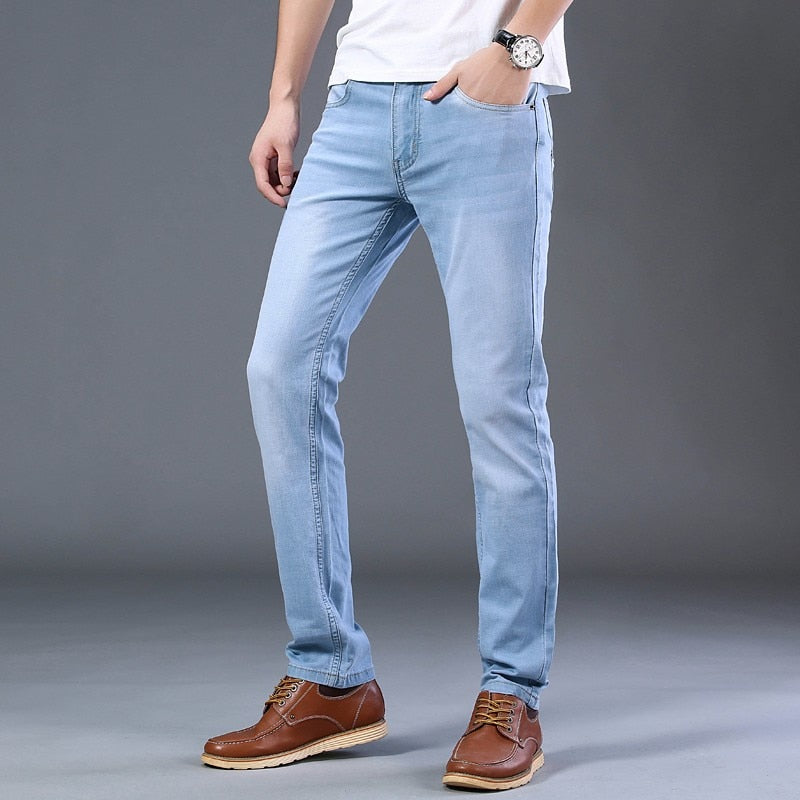 2021 Sulee Brand Top Classic Style  Men Spring Summer Jeans Business Casual Light Blue Stretch Cotton Jeans Male Brand Trousers