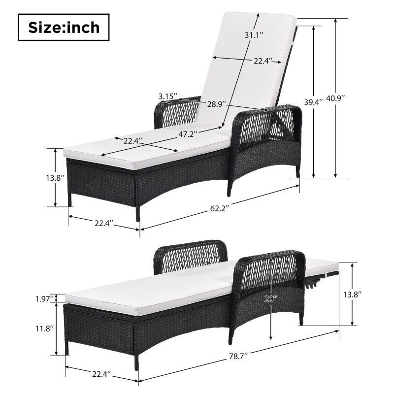 2 PCS Outdoor Patio Chaise Lounge PE Rattan Wicker Chair Wicker Sun Lounger, Adjustable Backrest, Beige Cushion, Black Wiker