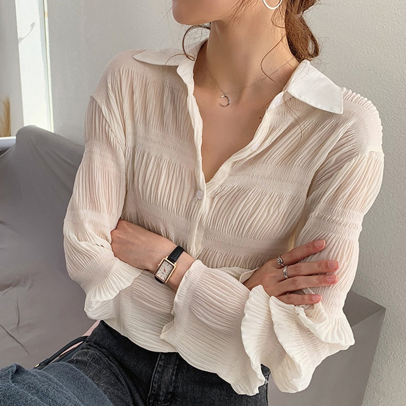 New 2022 Spring Vintage Elegant Women Chiffon Blouses Casual Long Sleeve Blusas Femme Turn-down Collar Solid Shirts Female Tops