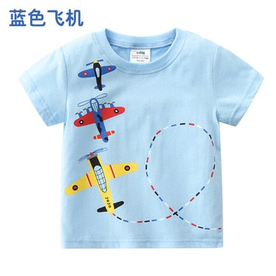 2023 Summer 2-10T Children&#39;S Birthday Clothing Dinosaur Car Striped Print Short Sleeve Basic Tops Cartoon T-Shirt For Kids Boy