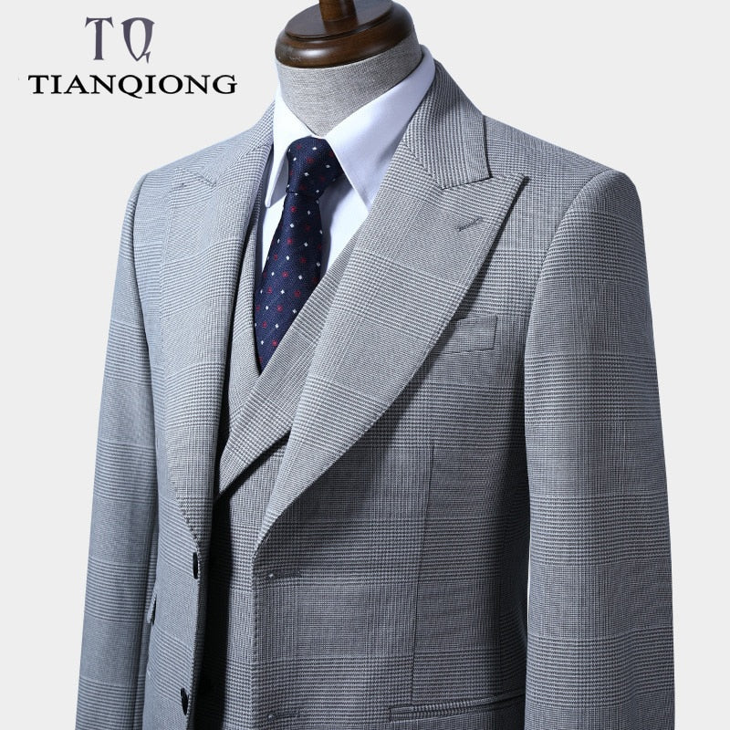 TIAN QIONG Gray Plaid Suits for Men High Quality Three Piece Mens Wedding Suits Prom Party Dress Dinner Christmas Suit Male