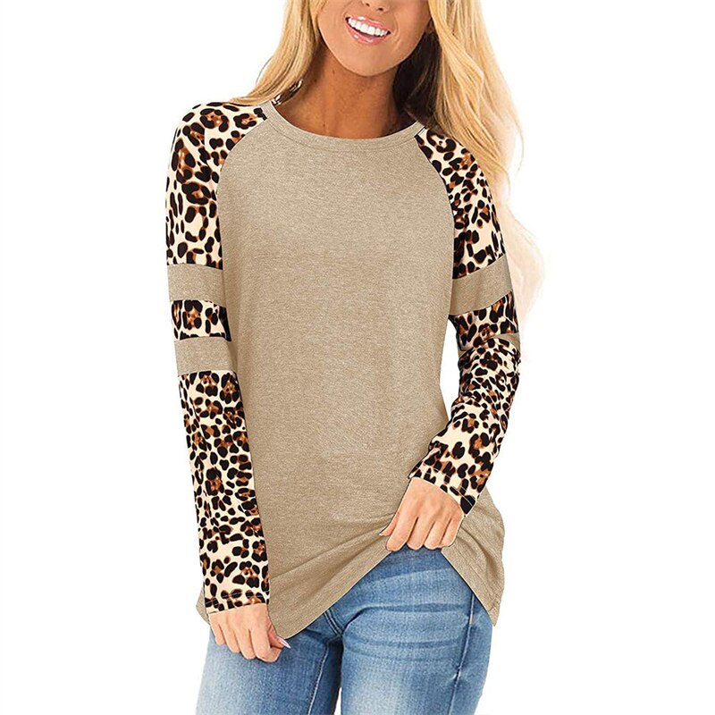 Autumn Patchwork Leopard Print T-shirts Women&#39;s Long Sleeve Top O-Neck Loose Pullover Tees Harajuku Vintage Basic Tshirt Female