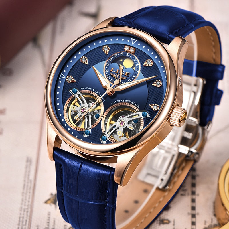Reloj LIGE Double Tourbillon Switzerland men Watches Automatic Watch men Self-Wind Fashion Mechanical Wristwatch Leather Clock
