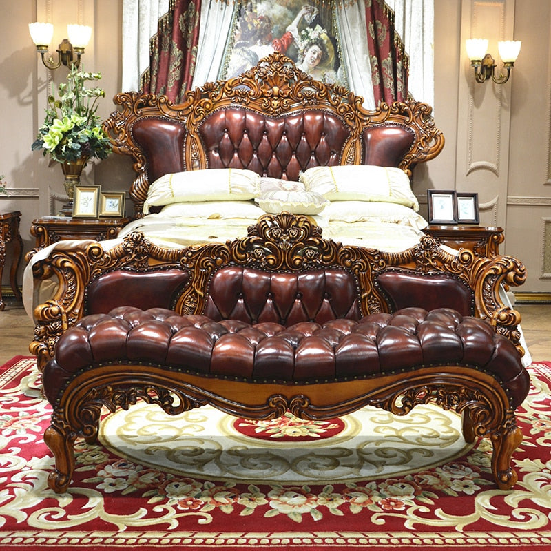 European Luxury Leather Bed 1.8m Double Bed American Villa Solid Wood Carved Living Room Leather Art Wedding Bed