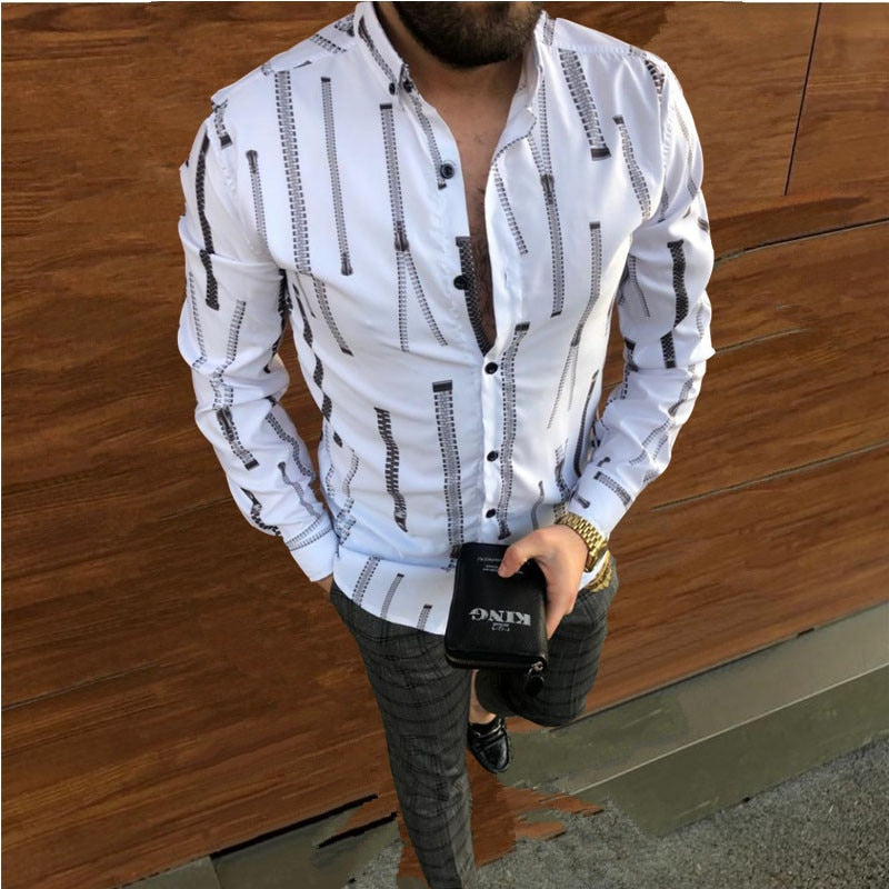 Fashion Men&#39;s Black Striped Shirts 2021 Autumn New Tide Slim Fit Long Sleeve Men Shirt Casual Clothes Man Vintage Printed Shirts