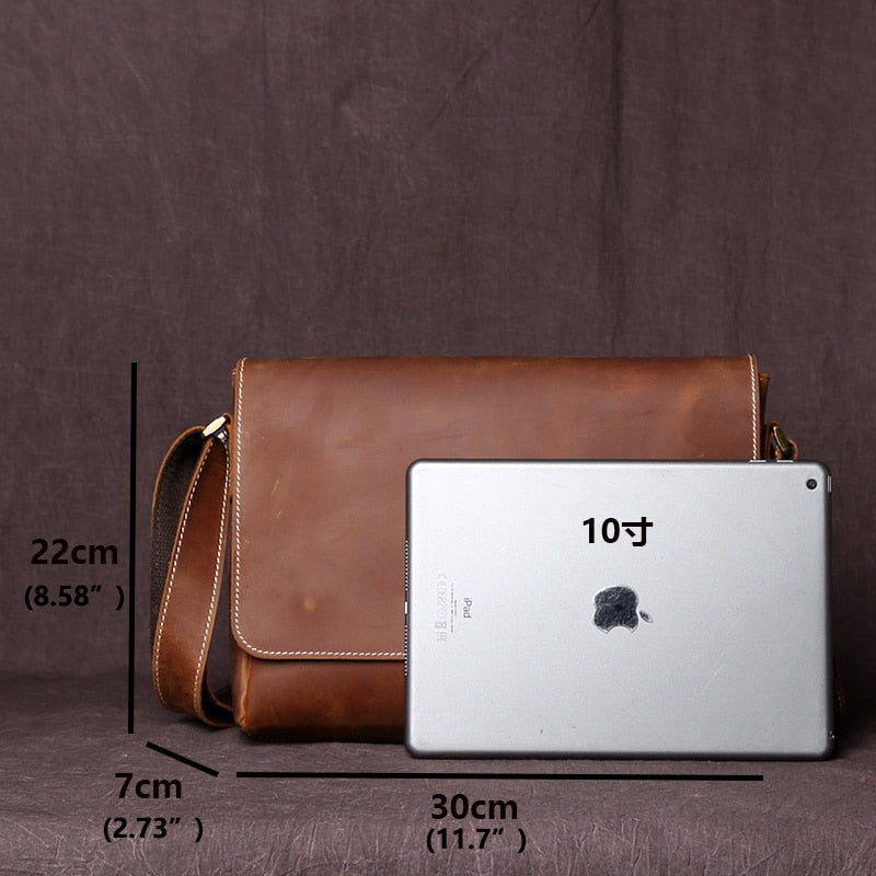 NZPJ Men&#39;s Retro Leather Shoulder Bag Crazy-Horse Leather  Horizontal Crossbody Bag Top Layer Leather Casual Ipad  Bad