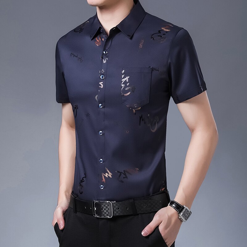 New Men Shirt High Quality Silk Print Summer Short sleeve Casual Shirts Men Slim Fit Camisa Masculina Drop Shipping C749