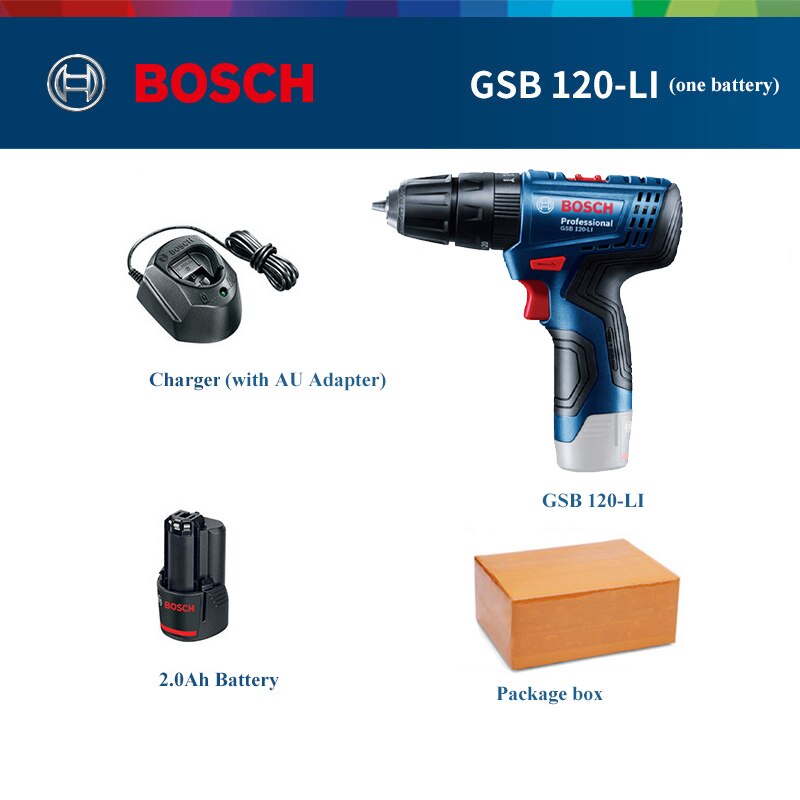 Bosch 3 In 1 Electric Drill GSB 120-LI 12V Rechargeable Cordless Impact Drill Multi-function Home DIY Screwdriver Power Tool