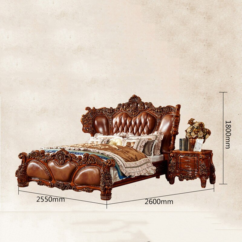 European-style Luxury Villa 2 Meters Wide Bed Solid Wood Carved First Layer Cowhide Luxury Hotel Bed Frames Queen Size