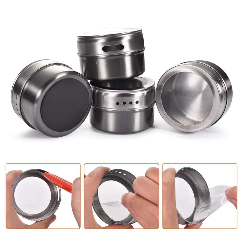 LMETJMA Magnetic Spice Jar Set With Stickers Stainless Steel Spice Tins Spice Storage Container Pepper Seasoning Sprays Tools